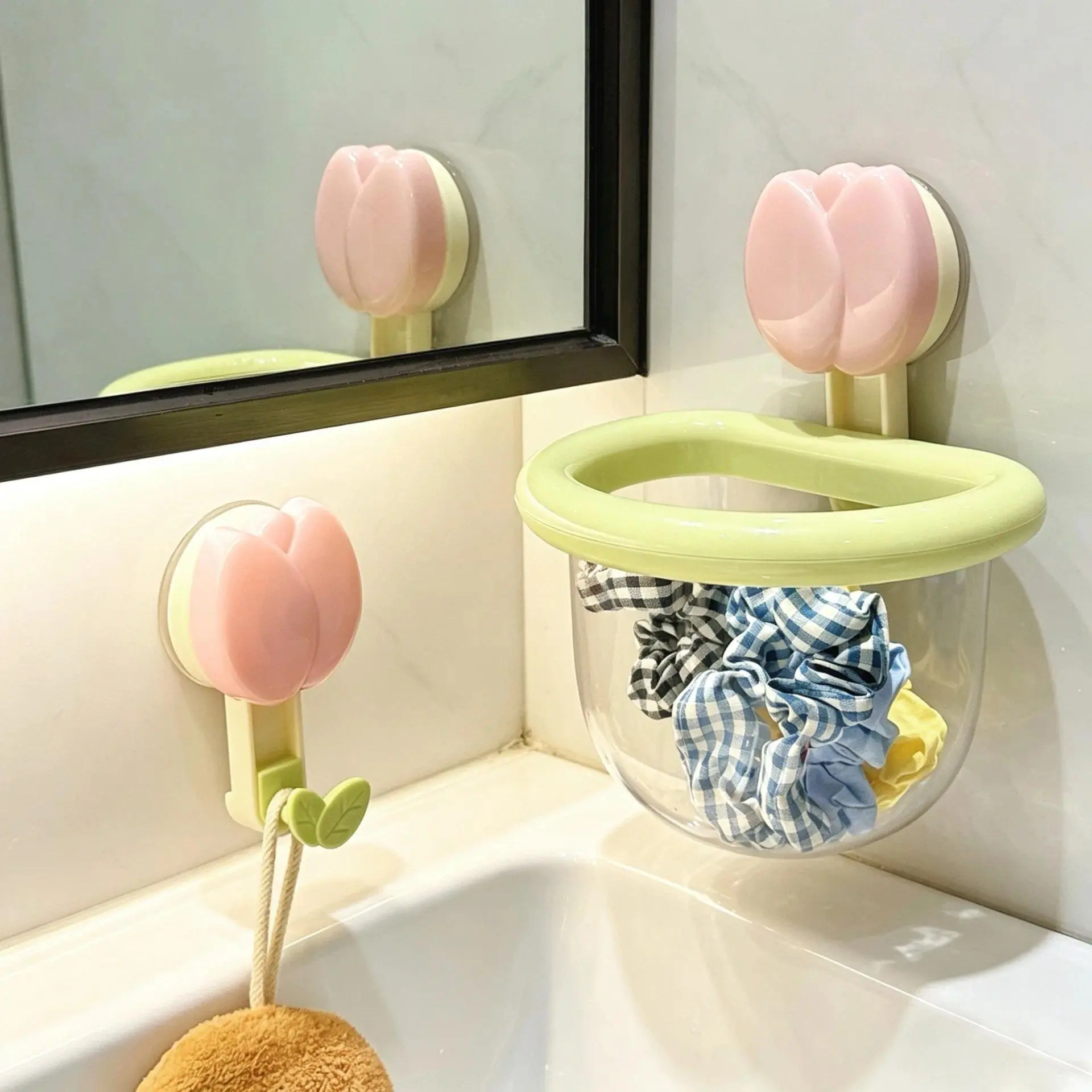 Tulip suction cup storage basket for household wall mounted bathroom toiletries storage basket