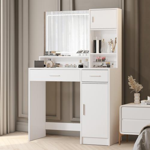 [Bellemave]Vanity Desk with Mirror and LED Light Strip,Dressing Table with Large Drawer, 3 Level Storage Dresser & 3 Lighting Modes Adjustable Brightness, Suitable for Bedroom(White)