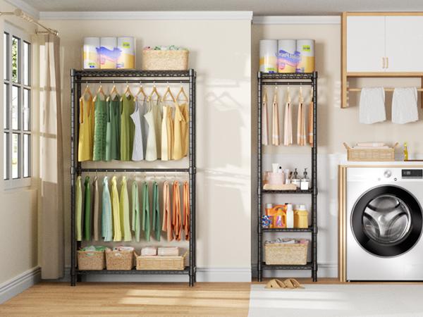 Ulif E10 Heavy Duty Clothes Rack With Stretchable Hanger Rod Adjustable Closet Organizer System,Freestanding Clothing Racks for Hanging Clothes,Portable Garment Rack 73-97"W x 15" D x 72" H，Max Load 800LBS，Black