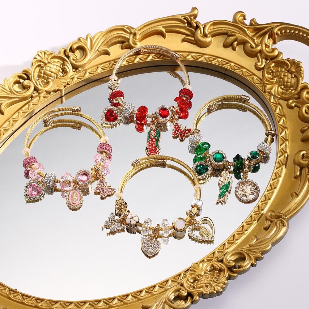 Diamond ruby bangle bracelet Virgin Mary Charm Bracelet - Adjustable Size Bracelet With Open Cuffs, Butterfly & Love Charm Bracelet, Suitable for Gifts for Family & Best Friends