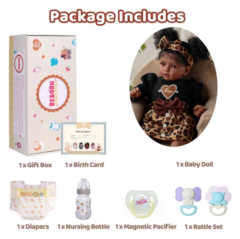 Babeside 20 Inch 8 Piece Baby Doll Set, Cloth Body + Vinyl Dark Skin, Unisex Cute Clothes Dolls with Gift Box and Feeding Accessories, Christmas New Year Birthday Gifts