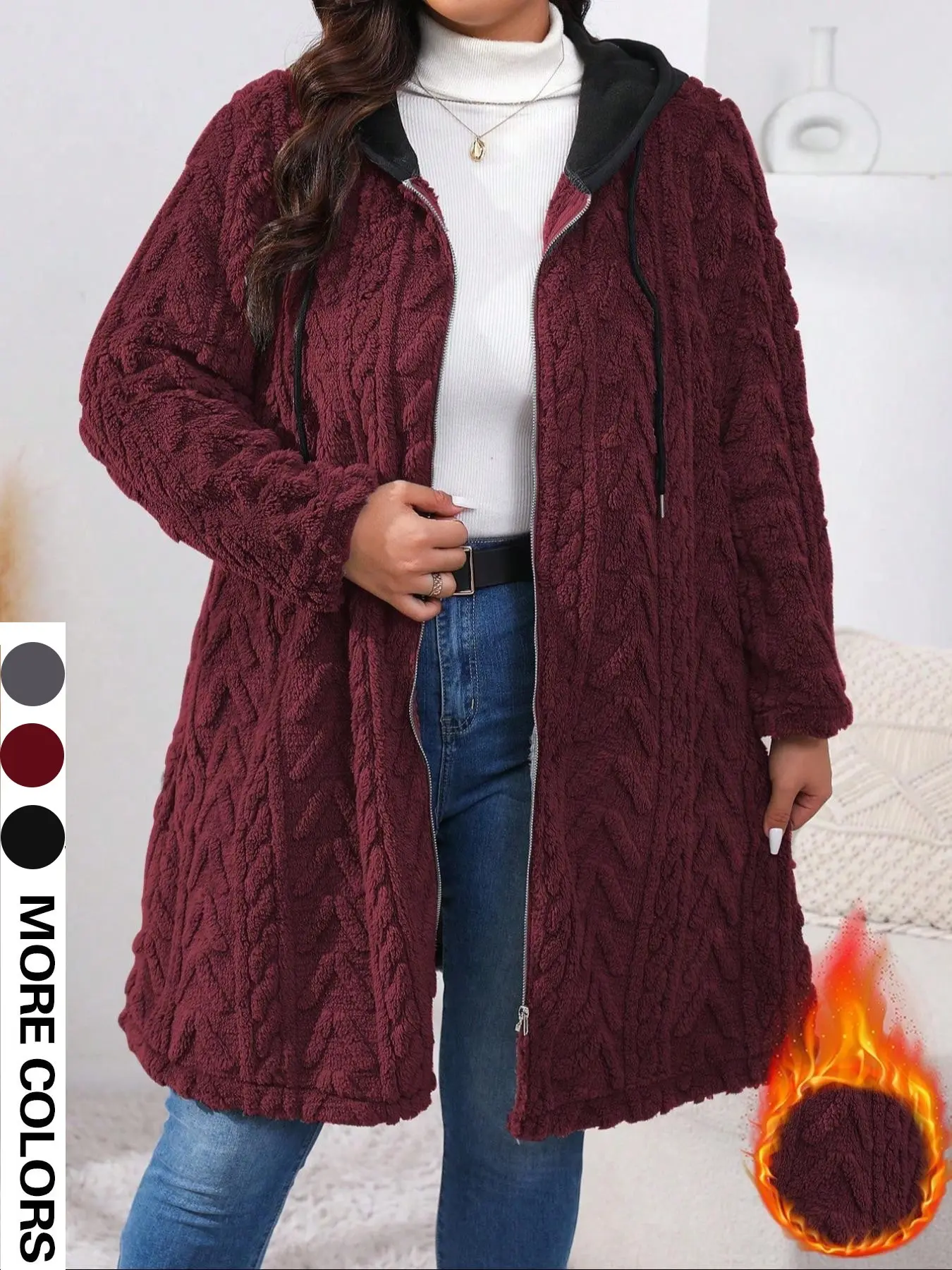Plus Size Women's Hooded Fleece Jacket, Mid-Length Zipper Front, Textured Fabric, Loose Fit, Warm and Thick, Long Sleeve, Fall Winter Casual Wear