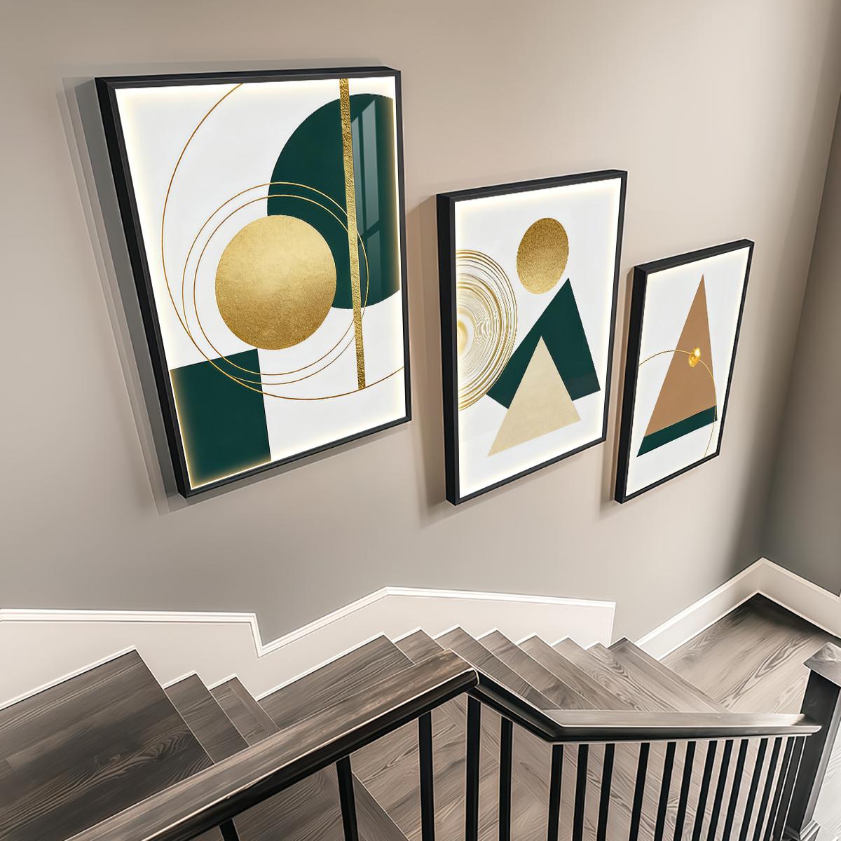 3 Counts Aluminum Alloy Framed Painting, Geometric Gold And Green Abstract Shapes Pictures, Home Decoration For Living Room, Bedroom, Office, Restaurant, Hallway Wall Decor, Odorless Print Artwork, Luxury Perfect Gift For Friends And Family