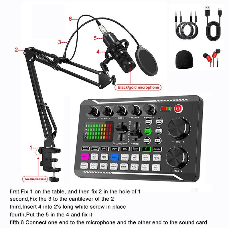 Wireless Bluetooth-compatible Dj Sound Card Device, RGB Color Buttons, Bm-800 Microphone Set, PC Phone Karaoke Party Live Streaming, Live Audio Mixer, Audio Mixer for PC