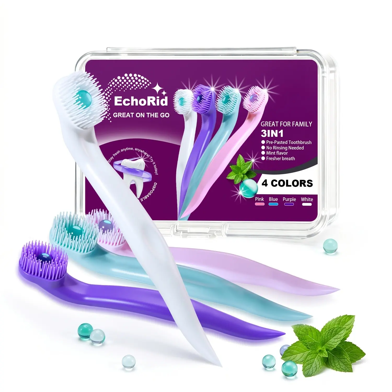 3-In-1 Mini Disposable Toothbrush Set, 12-Pack with Travel Case, Soft Bristles, Mint Flavor, No Rinse, Portable Oral Care Tools