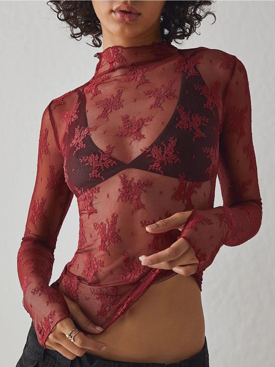 Women's Floral Layering Lace Tops With Thumb Hole, Mesh See Through Slim Shirt All Seasons, Micro Elasticity Long Sleeve Mock Neck Sxy Style