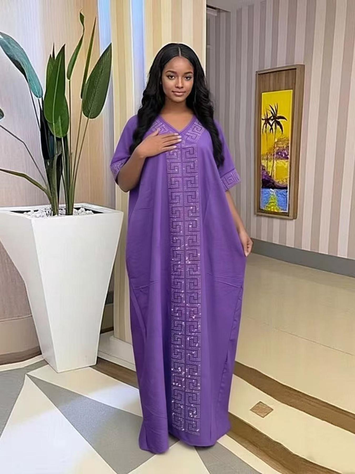 2026 African Nigerian Style Women's Islamic Clothing Rhinestone Loose Boubou Kaftan Dress, Elegant Solid Color, Muslim Ethnic Robe with Matching Scarf & Pockets, Daily Party Wear 2026 African Nigerian Style Women's Islamic Clothing Rhinestone Loose Boubou Kaftan Dress, Elegant Solid Color, Muslim Ethnic Robe with Matching Scarf & Pockets, Daily Party Wear