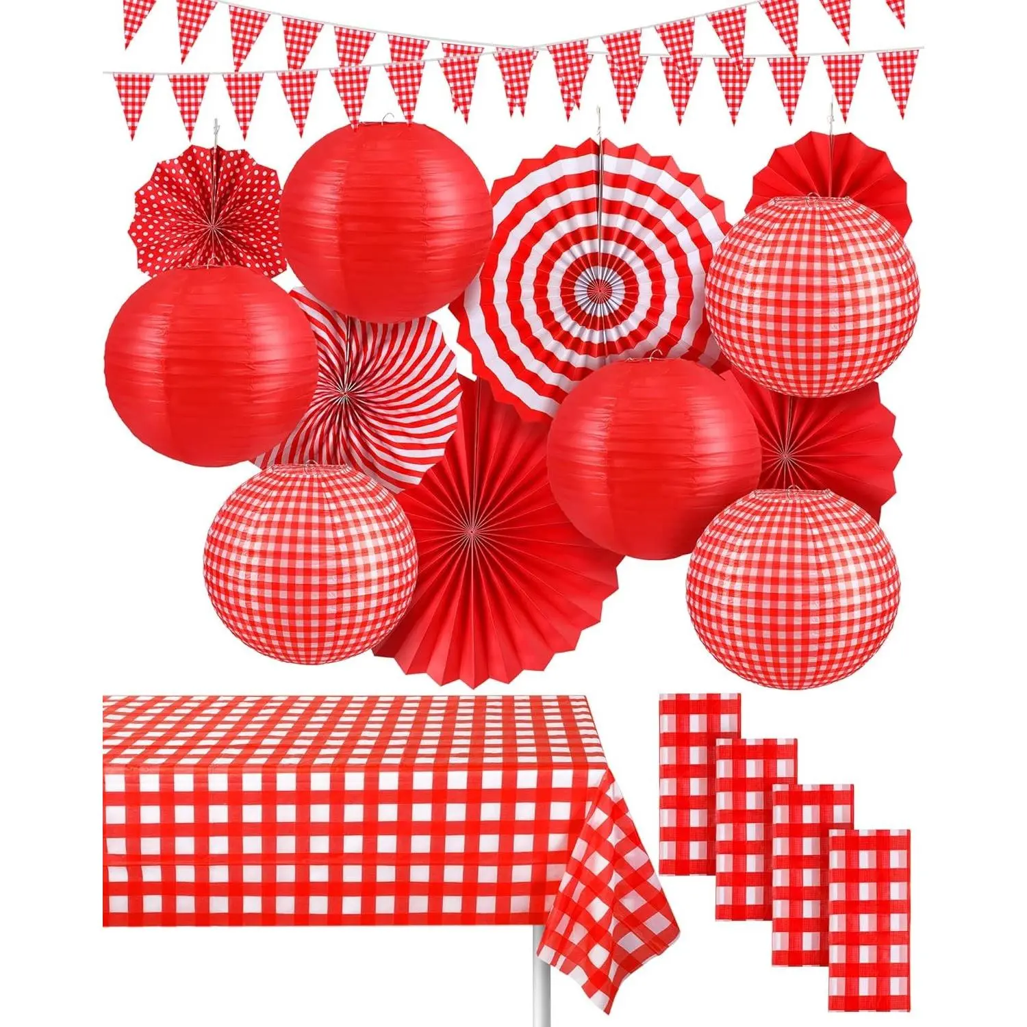 18 Pcs Picnic Party Decorations Red Gingham Party Supplies Include Checkered Pennant Banner Hanging Paper Fans Lanterns Plastic Tablecloth for BBQ Birthday Dinner Wedding Baby Shower