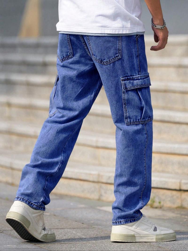 Men's Solid Color Washed Straight Leg Cargo Jeans, Loose Casual Comfy Flap Pocket & Slant Pocket Design Denim Trousers for Daily Wear, Fashion Men's Bottoms for All Seasons, Cotton, Relaxed Fit Jeans, Baggy Jeans, Pants