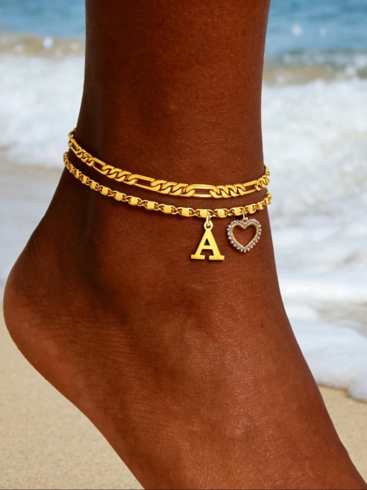 New 26 Letter and Heart Pendant Anklet, Stainless Steel Chain 2-Piece Set, Fashionable Women's Beach Foot Jewelry, Stylish Anklets for Summer