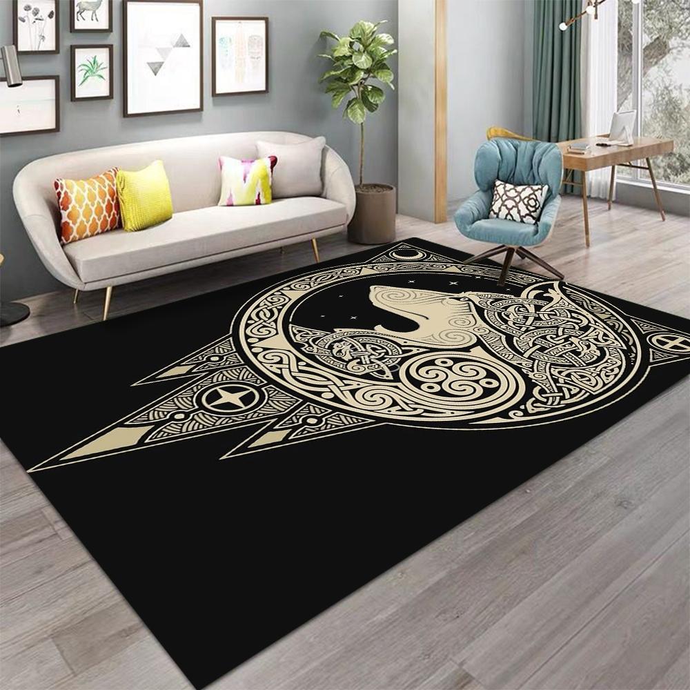 Viking Wolf Rune Vegvisir Flannel Area Rug - Norse Mythology Print Soft Mat for Living Room, Non-Slip Warrior Home Decor#VikingRug #WolfRuneMat #NorseMythologyDecor #VegvisirCarpet #NonSlipFlannelRug