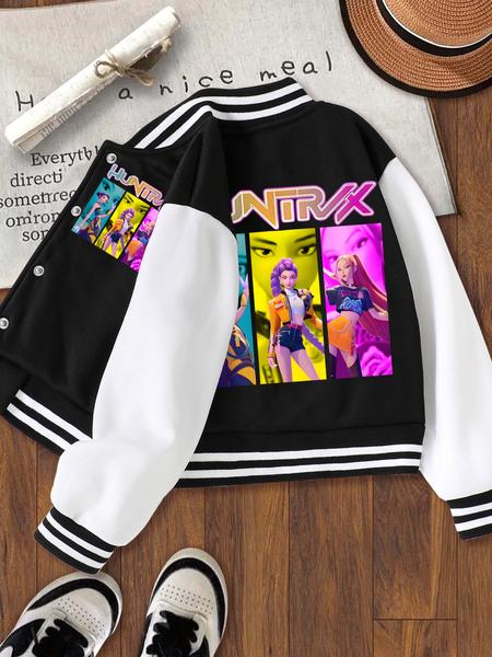 Girls' Halloween Christmas Short Baseball Jacket Coat, Colorblock Print Jacket, Casual Sports School Uniform, Elastic Fabric, Youth Fashion Outerwear