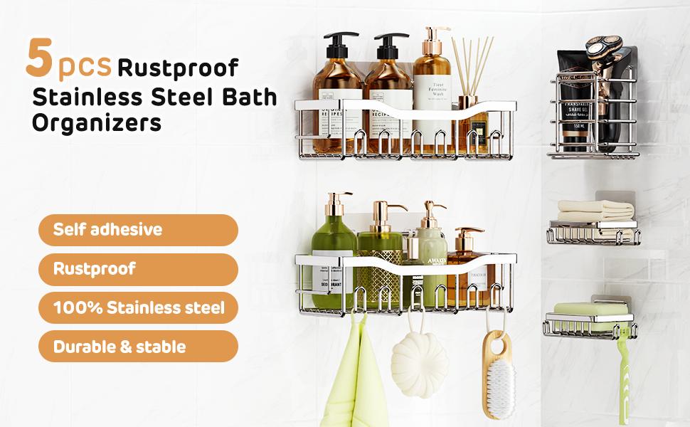 5-Pack Stainless Steel Shower Organizer Set — Rustproof & Easy No-Drill Install. Suitable for Home, Apartment, Dormitory, RV, School.