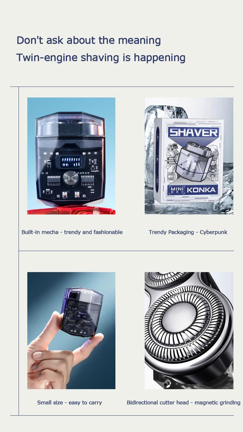 Product Introduction of electric shaver Portable transparent razor double engine mecha small electric razor set Outdoorfun Shaver Machine twin shaver men Black Upgraded 5