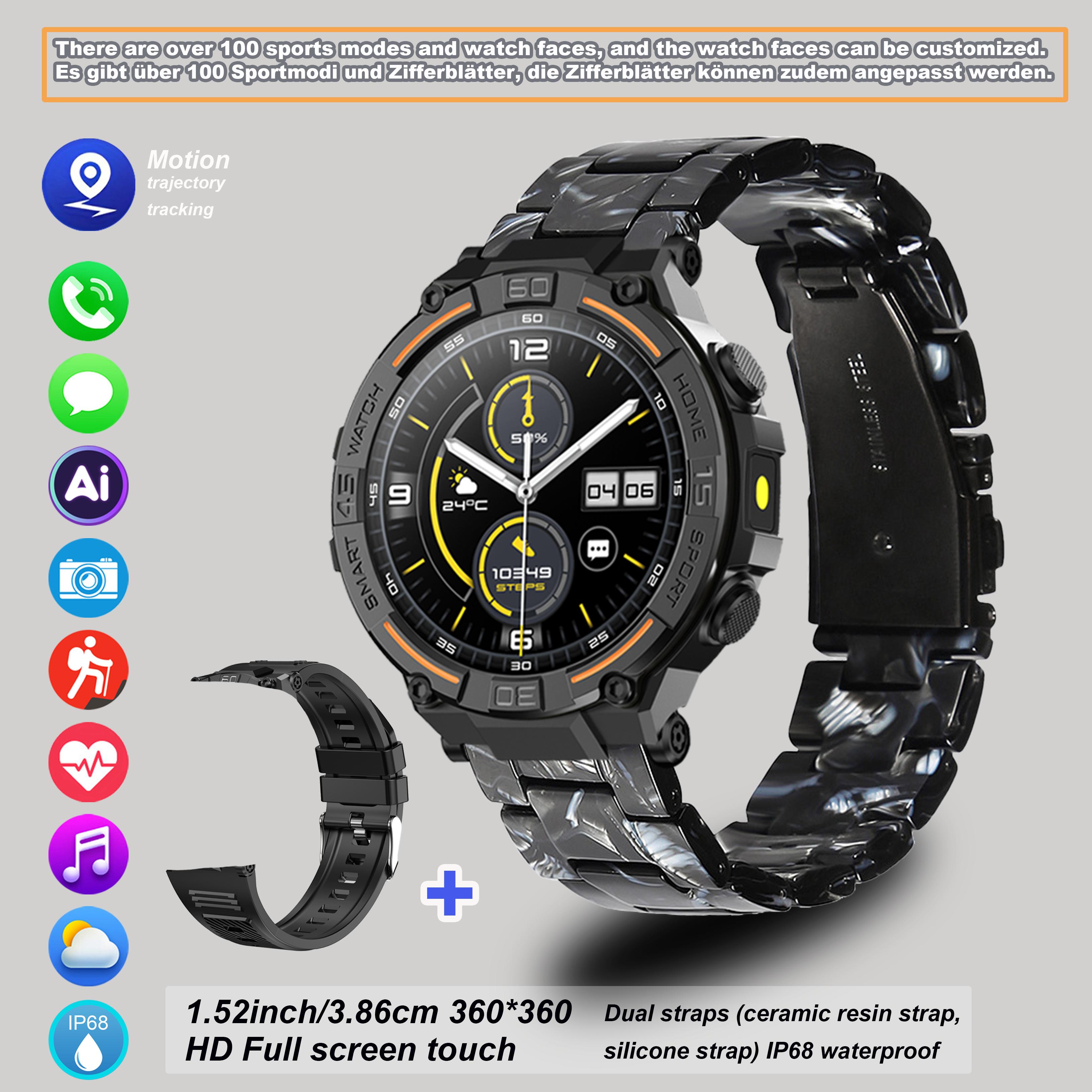 Outdoor smart watch, 1.53-inch touch screen wireless calling, with over 100 sports modes and watch faces, AI voice assistant, compatible with Android and iPhone, flashlight function, fitness watch wearable device, ceramic resin strap waterproof watch.
