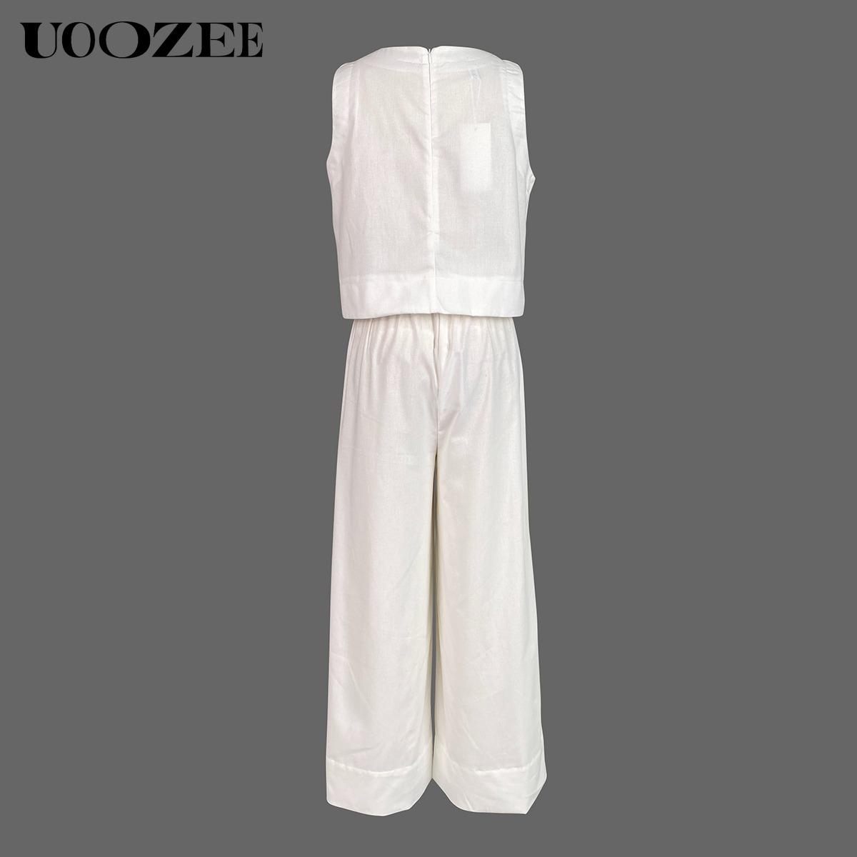 Solid Color Elasticity Wide Leg Sleeveless Round-Neck Two Pieces Set Pants Set