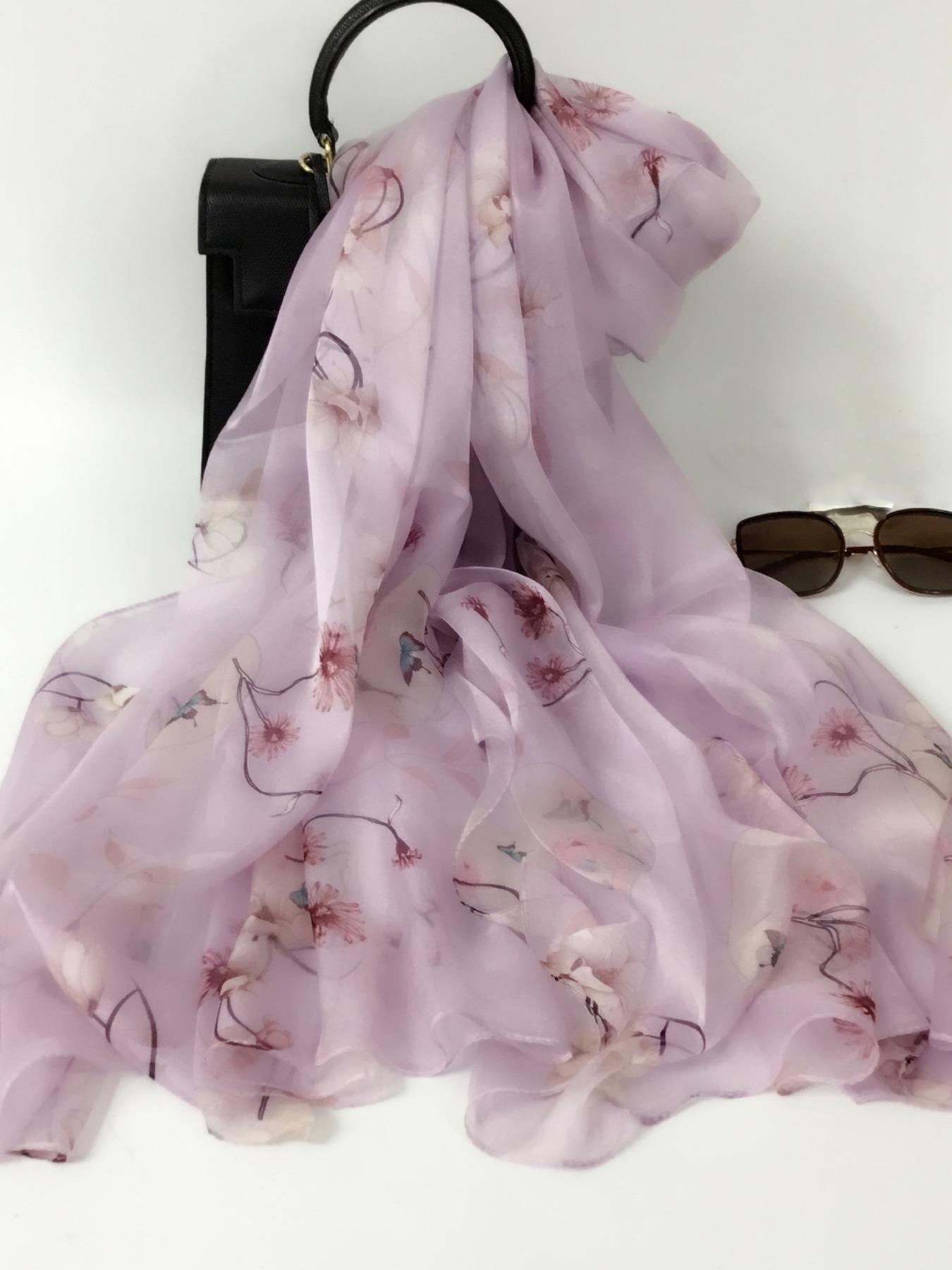 175cm*110cm Printed Silk Shawl for Women, High-End Silk Scarf, Lotus Pattern, 100% Mulberry Silk, Soft and Breathable, Ideal Gift