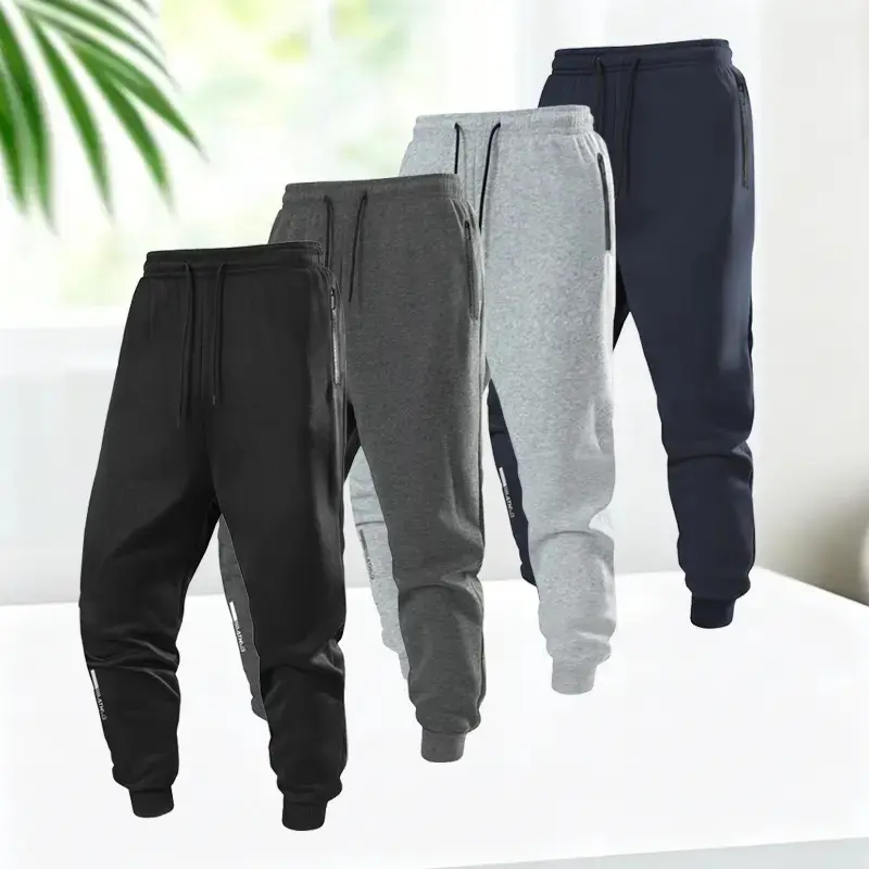 Men's 4-Pack Long Cuffed Leg Joggers - Casual Athletic Sweatpants with Elastic Waist and Drawstring for Outdoor Running, Fall-Winter Wear
