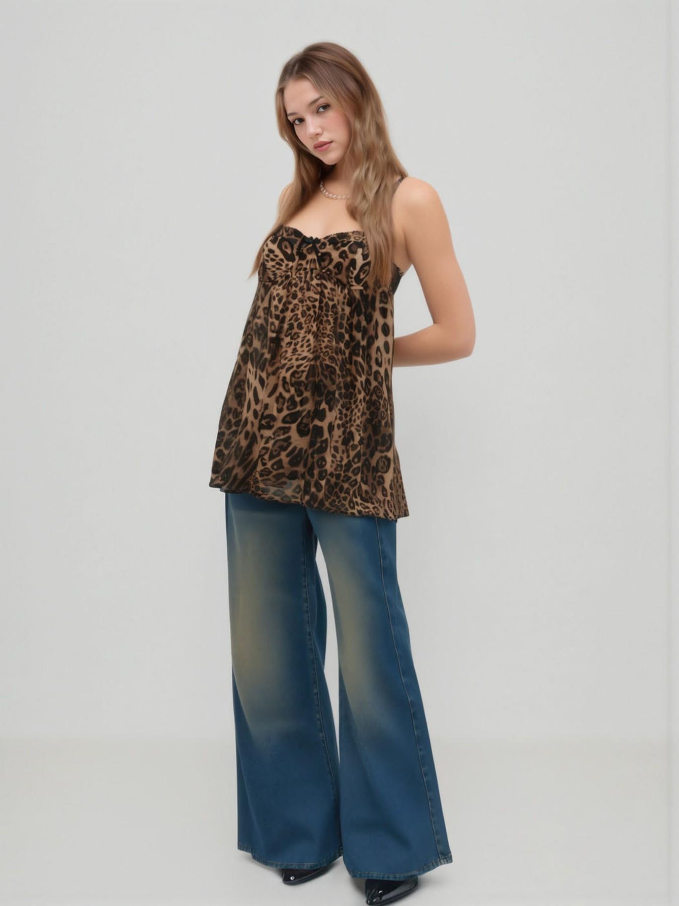 Leopard Print Lightweight Chiffon Top for Women, Summer Sexy Style, Leaf Edge Sleeveless Strapless Crop Top, Trendy Ladies' Fashion Apparel