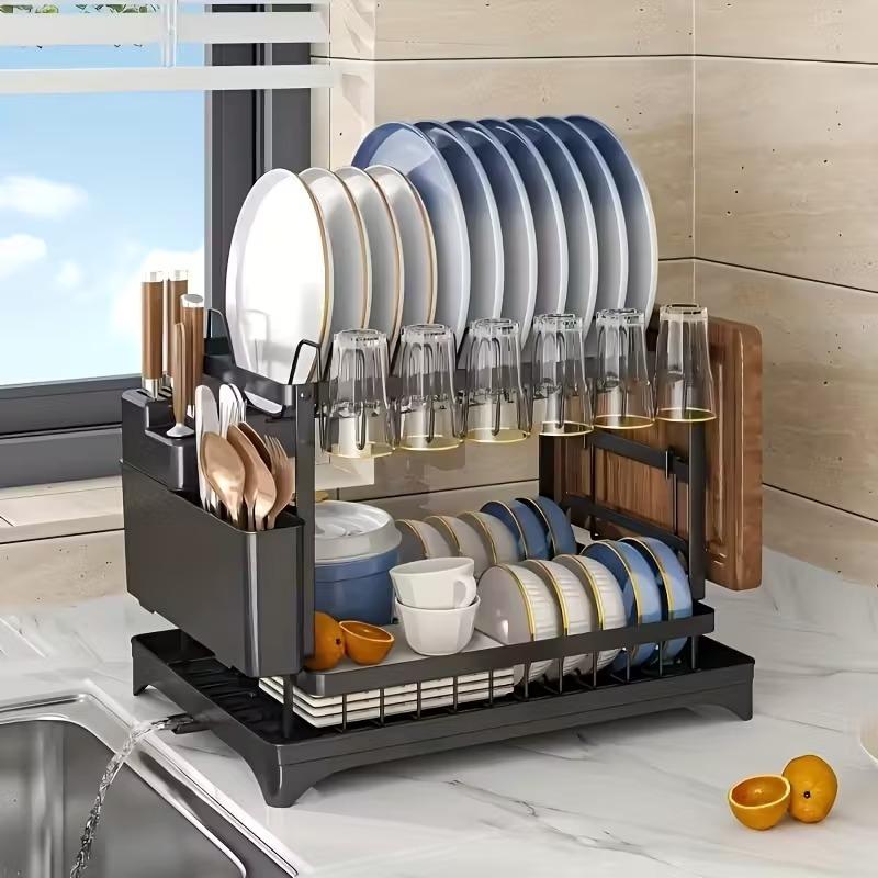 Large removable stainless steel easy-to-clean dish rack with cup holder, cutlery storage and cutting board rack for kitchens, suitable for households of 2-4 people