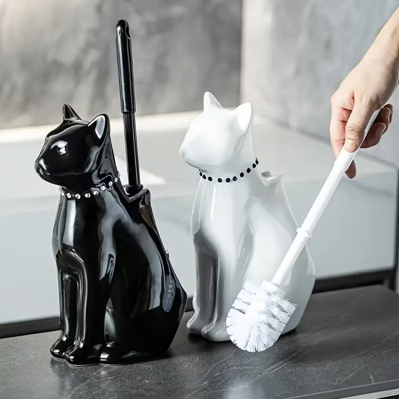 Cat-Shaped Toilet Brush with Base, Creative Ceramic Long-Handled Brush for Household Use, Bathroom Decoration Item, Toilet Cleaning Tool