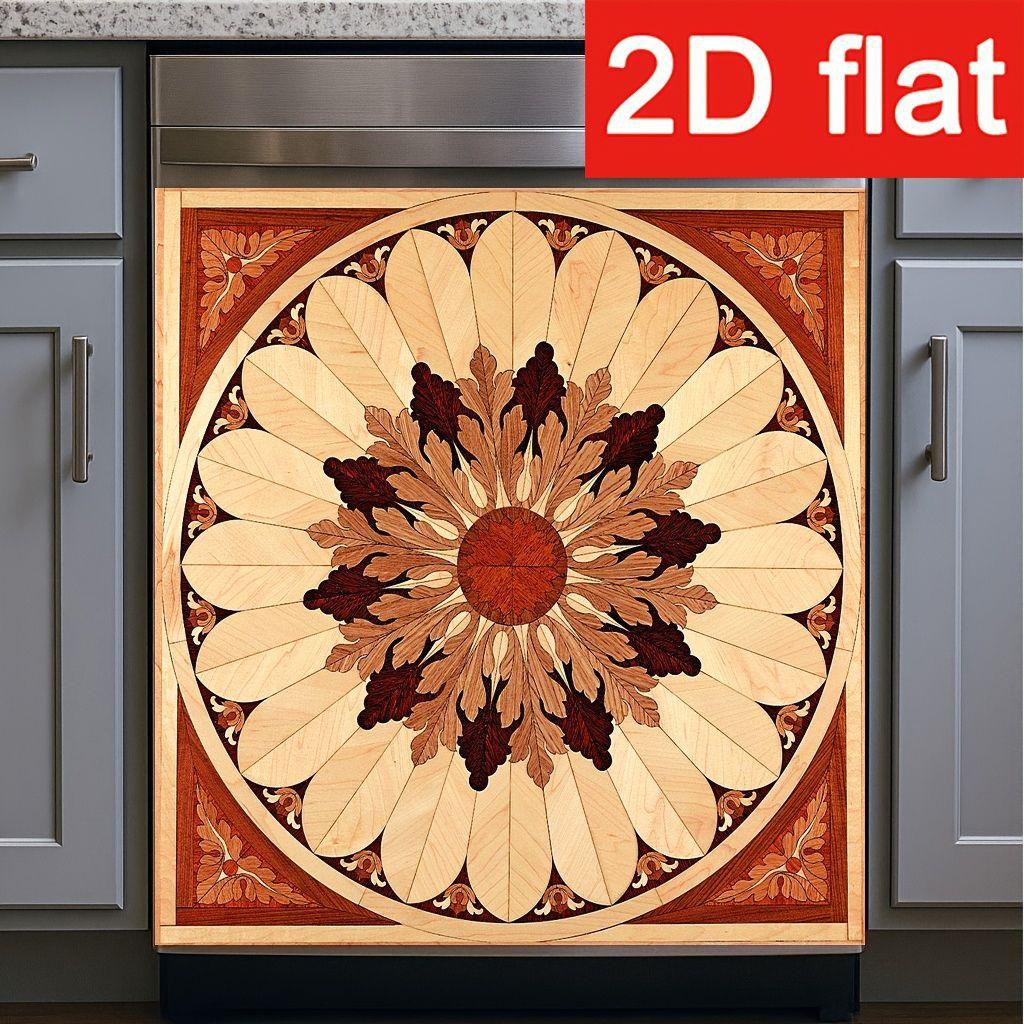 2D Flat 2Pcs Dishwasher Front Panel Cover Decal Sticker Wooden Mandala Sunburst Pattern Kitchen Appliance Decorative Stickers Waterproof PVC Home Decor for Refrigerator Washing Machine Furniture Makeover Boho Rustic Style