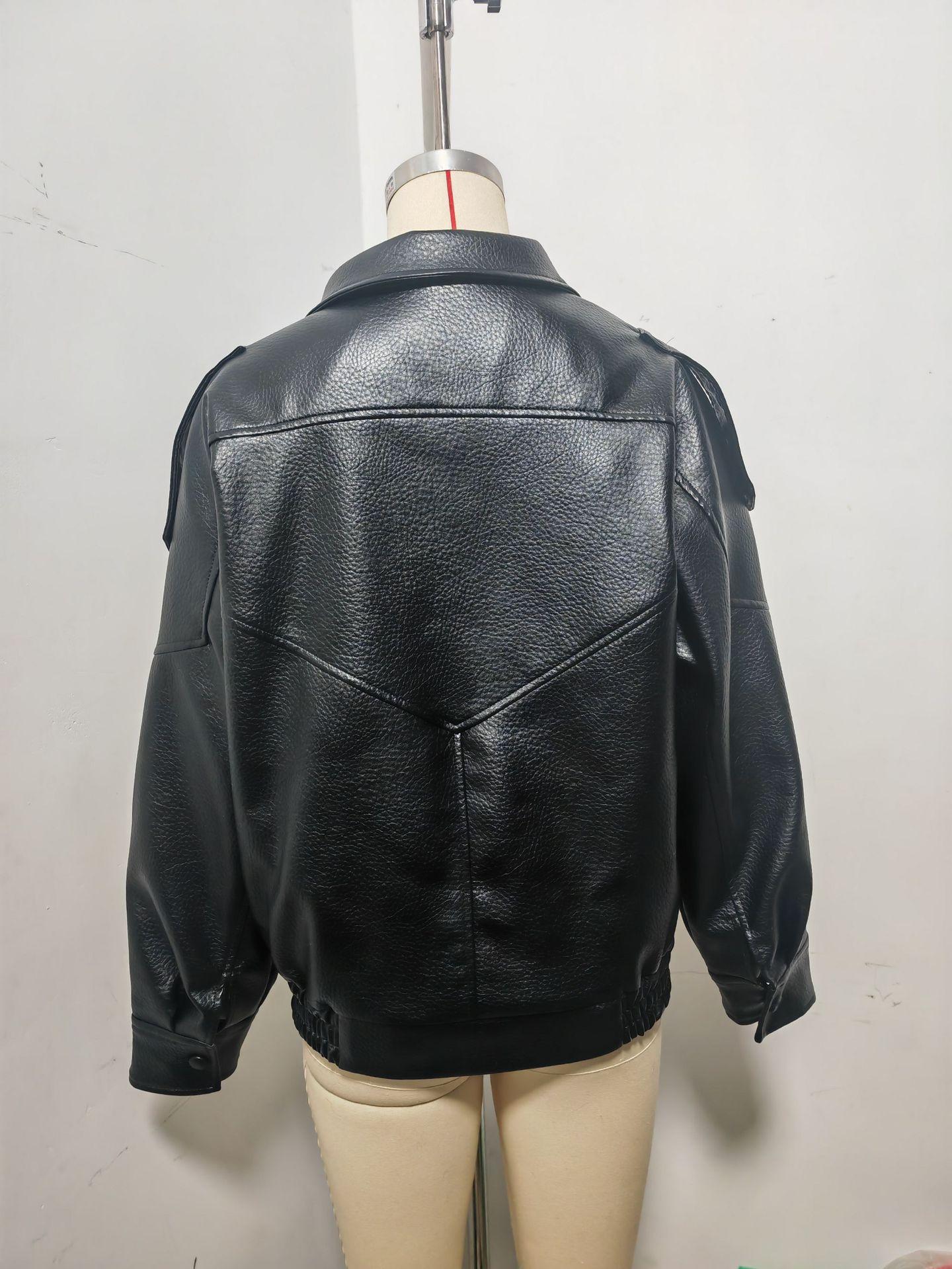 Faux Leather Stand Collar Oversized Moto Jacket, Elastic Hem Motorcycle Streetwear, Casual Long Sleeve Water- and Wind-Resistant Outerwear for Spring & Fall, Ladies Clothes for Daily Wear, Chic Outerwear, Coats