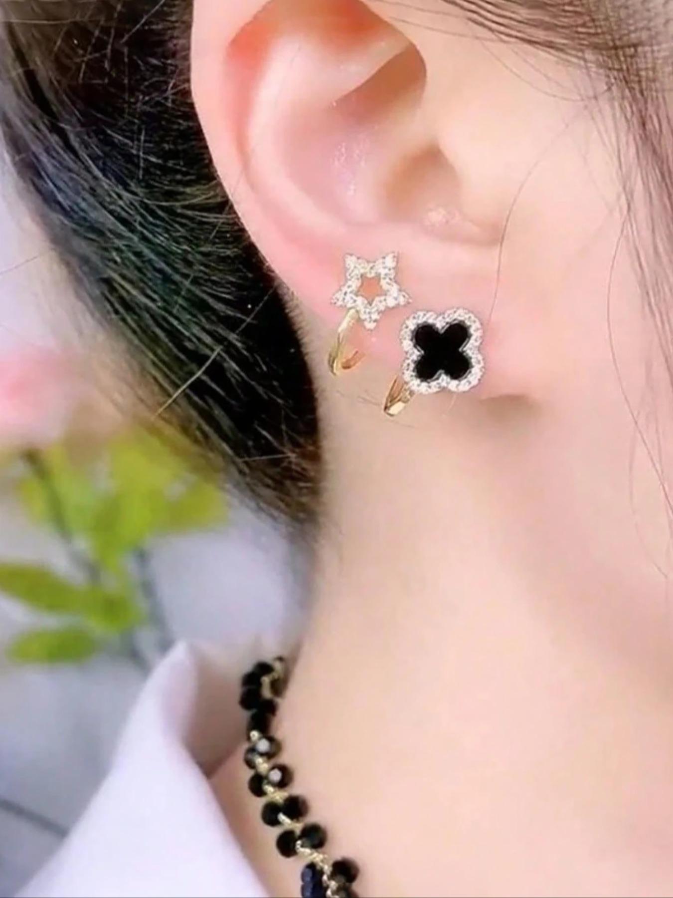 Star Four-Leaf Flower Earrings, Asymmetrical Design for Women, Unique Daily Wear Jewelry, Fashionable Ear Studs for Everyday Use