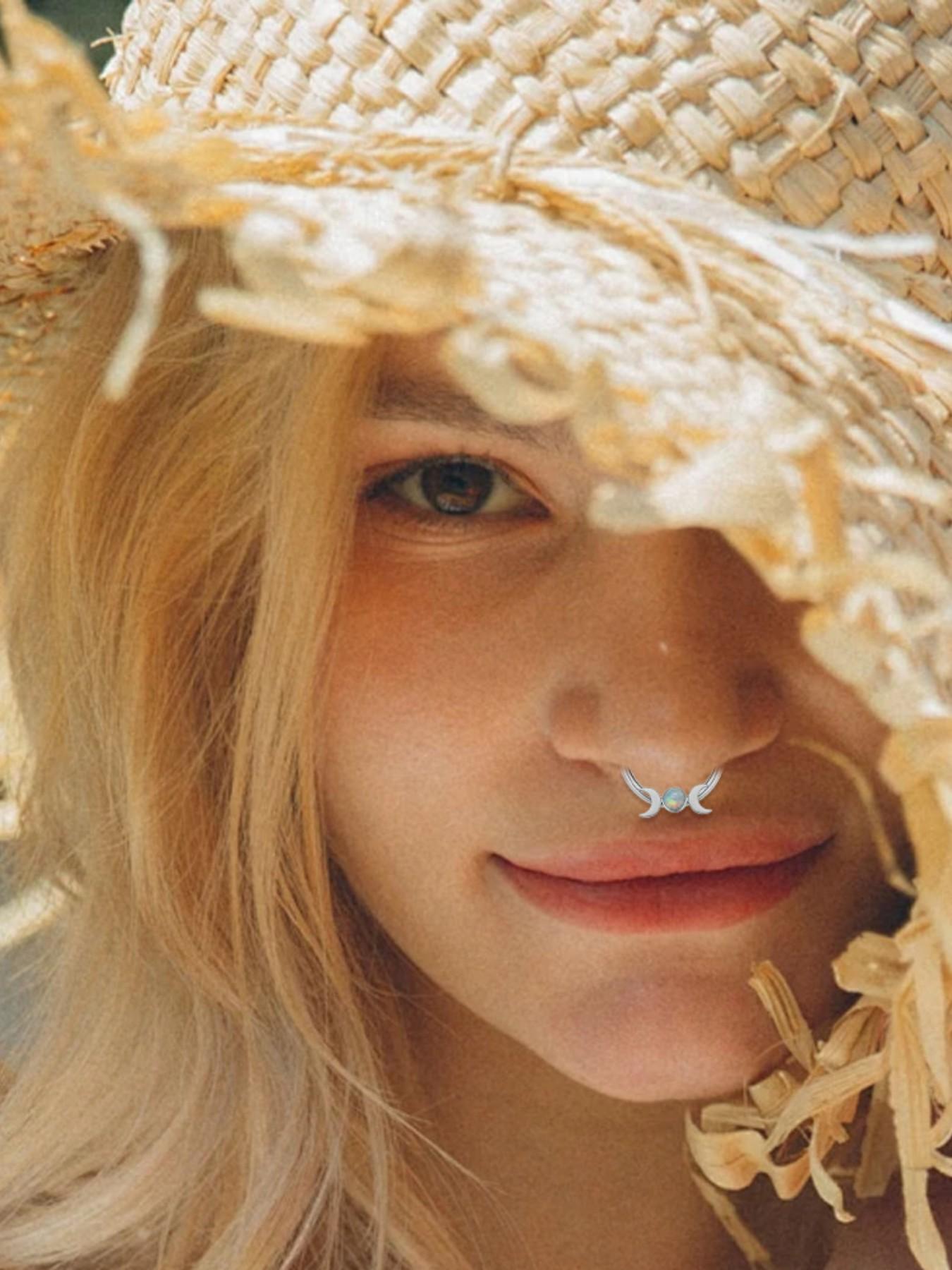 Moon Opal Septum Ring for Women, Stainless Steel Nose Ring Hoop, Double Crescent Cartilage Earring, Minimalist Piercing Jewelry, Aesthetic Gift