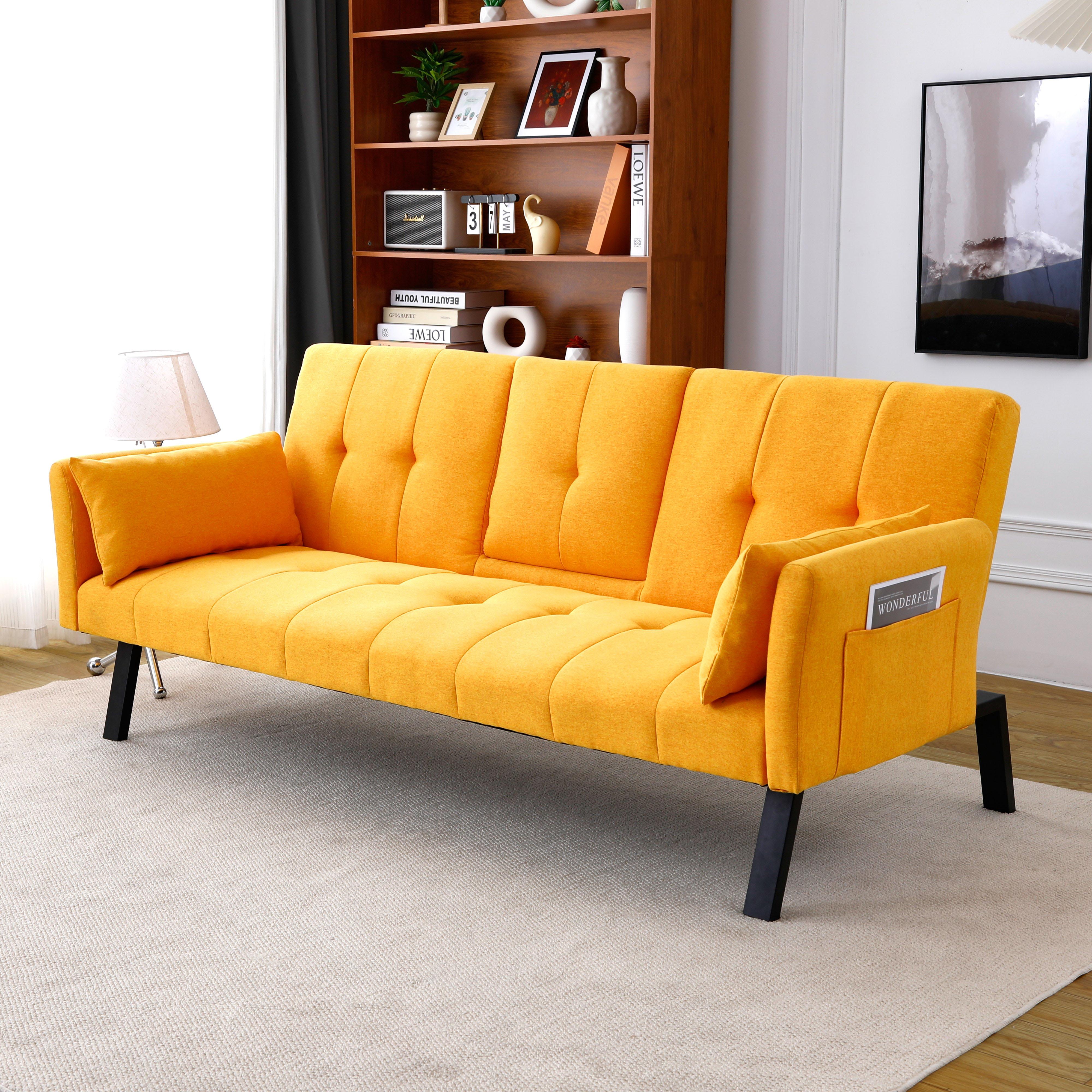 3 in 1 Futon Sofa Bed, Linen Fabric Couch Bed with Side Pocket, Convertible Sleeper Sofa with Dual Cup Holders & 2 Pillows, Adjustable Recliner Sofa for Living Room (Yellow) 3 in 1 Futon Sofa Bed, Linen Fabric Couch Bed with Side Pocket, Convertible Sleeper Sofa with Dual Cup Holders & 2 Pillows, Adjustable Recliner Sofa for Living Room (Yellow)