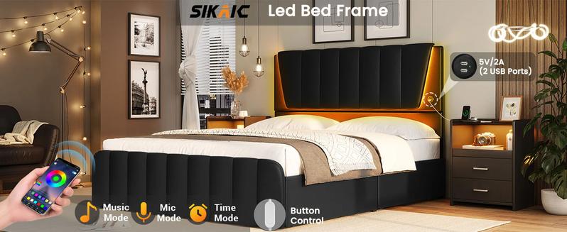 Sikaic LED Bed Frame With USB Ports Adjustable Headboard And 4 Storage ...