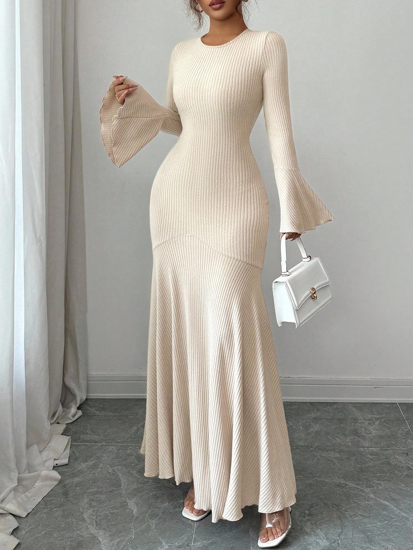 Women's Casual Solid Color Fitted Long Sleeve Dress, Comfortable Everyday Wear, Perfect for Shopping & Daily, Stylish Ladies' Clothing