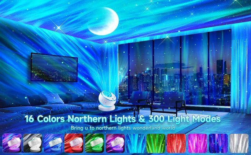 One Fire Northern Lights Projector,16Color Galaxy Projector for Bedroom, 15 White Noise Galaxy Projector, 5Moon Star Projector, Bluetooth  ambient  Light Projector, Remote Timer Star Lights Audio mood lighting aurora living room Night Light Kids