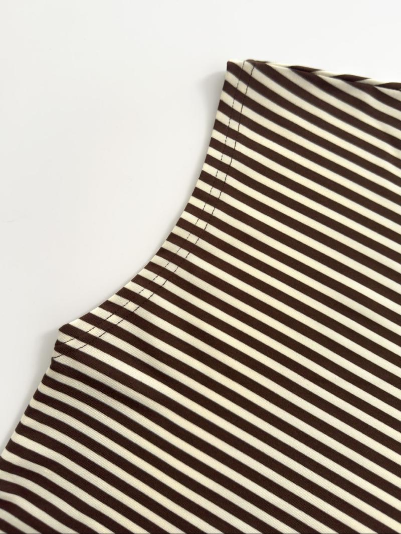 Striped Crop Top Women Cold Shoulder Halter Neck Sleeveless Tie Neck Cut Out Shoulder Slim Fit Casual Streetwear Summer Cropped Top Stretchy Knit Brown Striped Y2K Chic Casual Sexy Trendy Lightweight Daily Wear Modern Minimalist Top