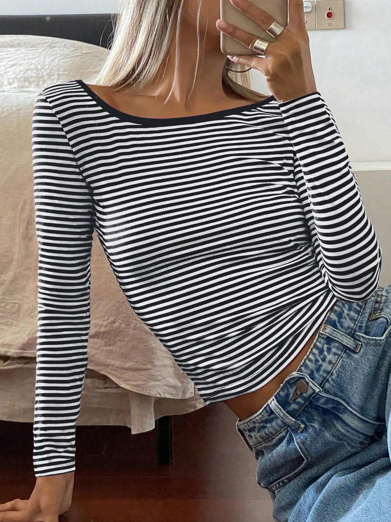 Women's Low-Back Ribbed Striped Top, Crew Neck Long-Sleeve Relaxed-Fit Crop Tee Knit, Ideal for Casual Outings/Weekend Hangouts/Everyday Wear