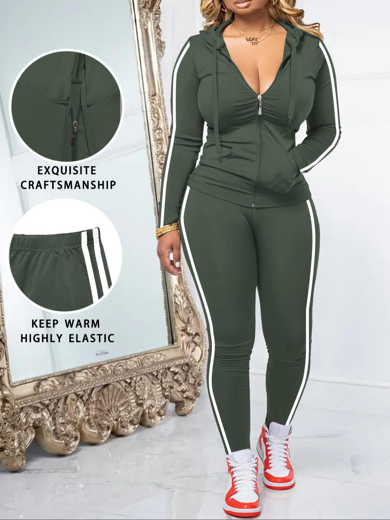 Women's Fall Zipper Hoodie and Skinny Pants Outfit Set, Casual Long Sleeve Pullover with Pocket Design, Two-Piece for Daily Wear