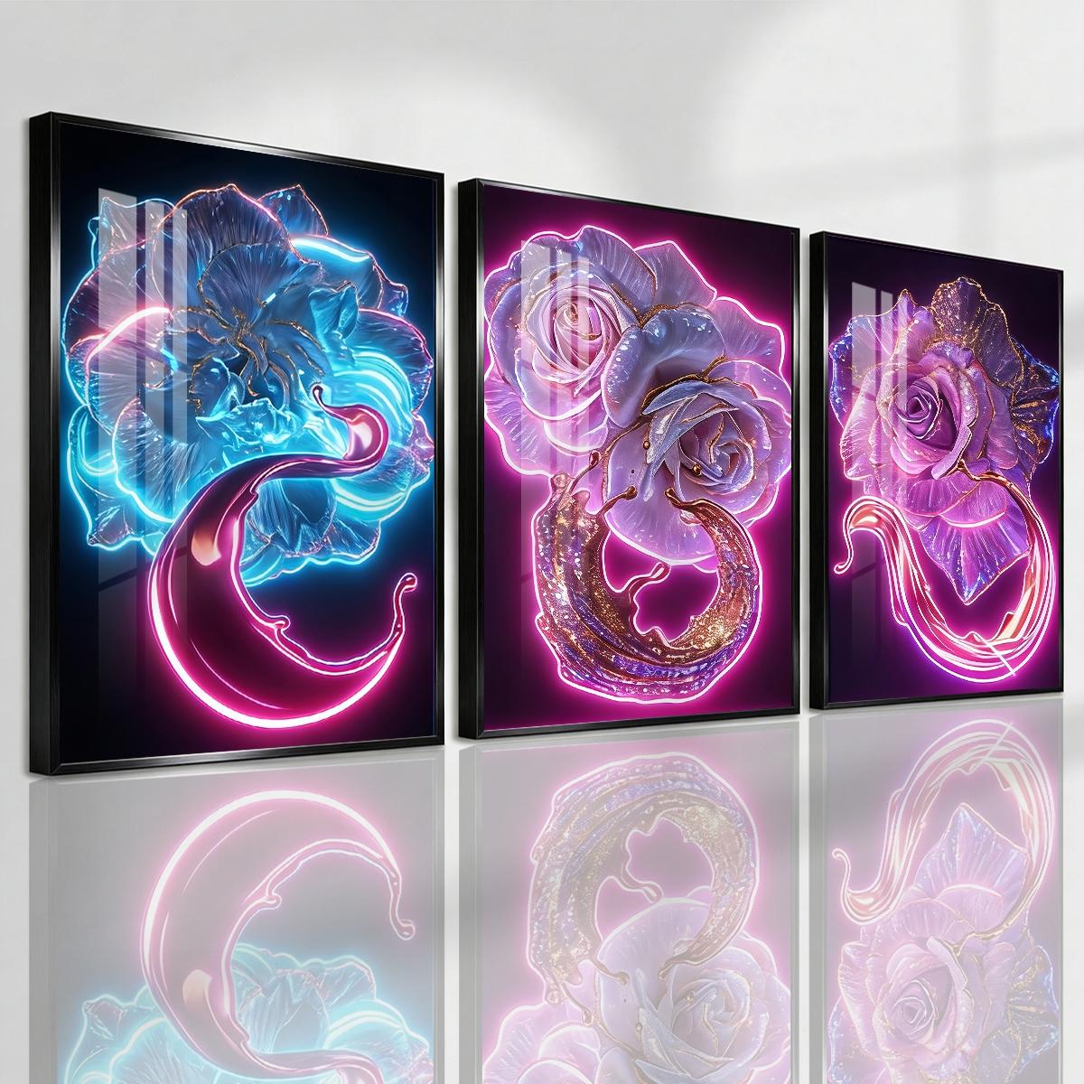 3 Counts Aluminum Alloy Framed Painting, Neon Glowing Roses And Petals Pictures, Home Decoration For Living Room, Bedroom, Office, Restaurant, Hallway Wall Decor, Odorless Print Artwork, Luxury Perfect Gift For Friends And Family