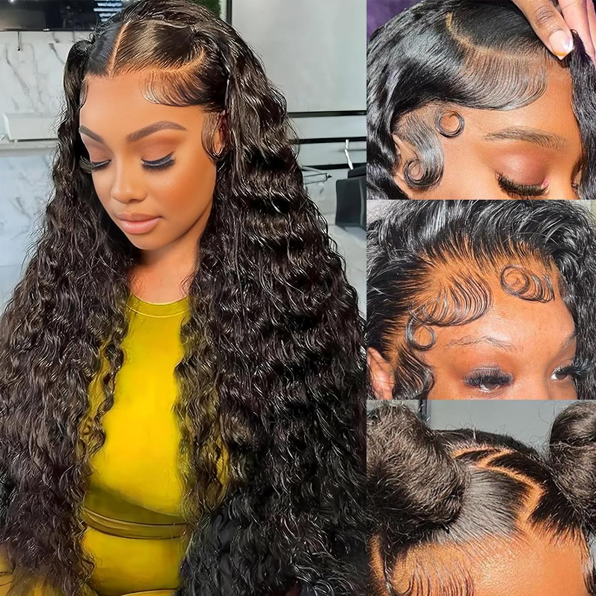 Pizazz Hair Deep wave 13x6/13x5 HD Transparent Lace Front Human Hair Wigs Deep Part Curly Wigs for Women Pre Plucked Pre Bleached