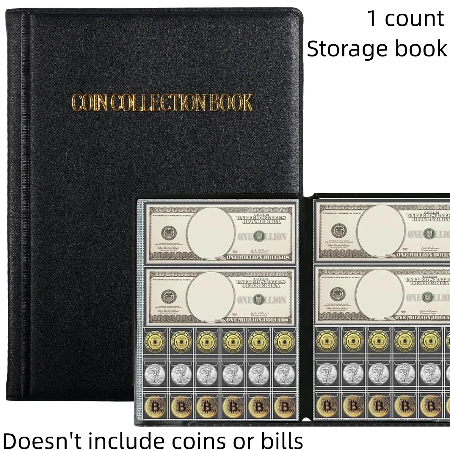Coin Collection Album, Large Capacity Coin Currency Holder, 2-In-1 Stamp Bill Book, Coin Storage Album for Bills, Pennies, 25 Cent Coins