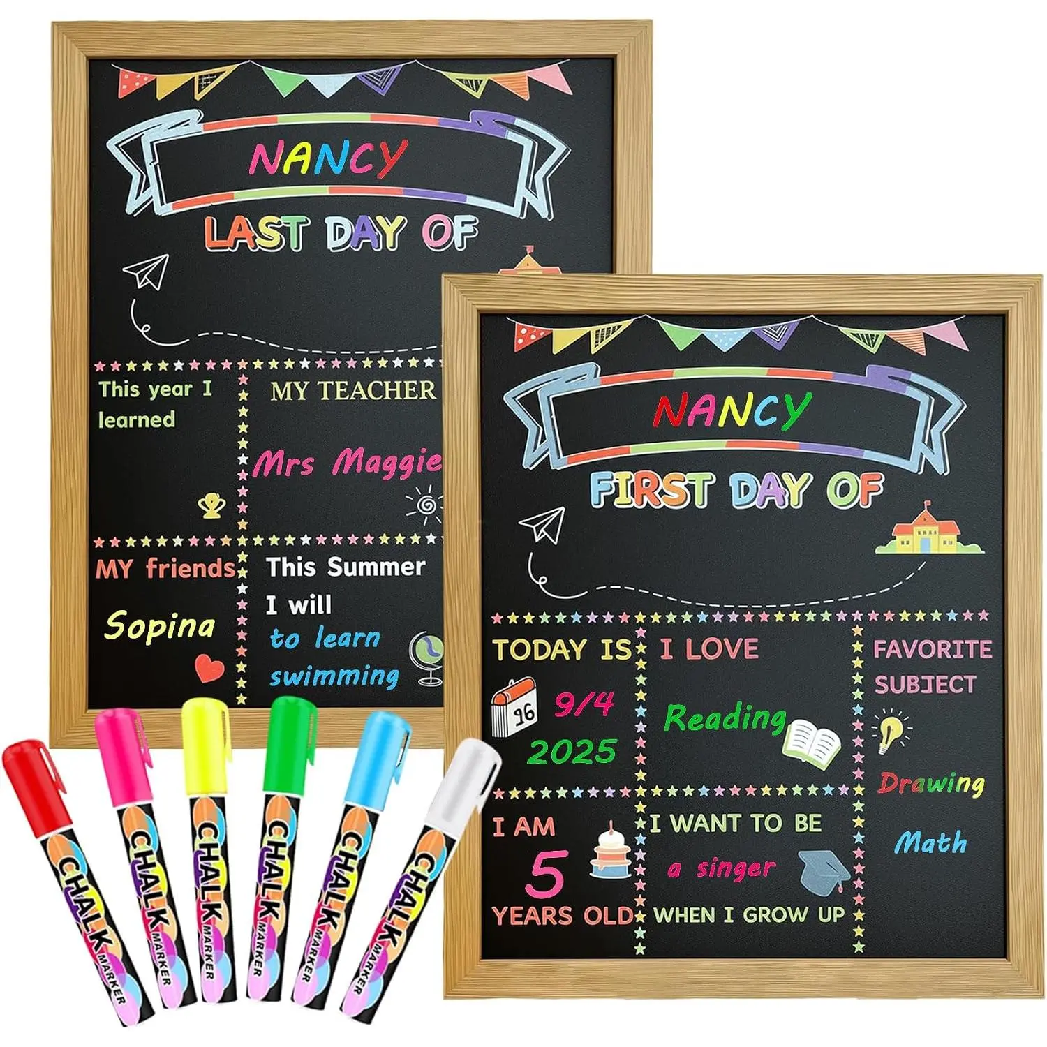Modern 10"x12" Double-Sided Chalkboard Kit - First and Last Day Board Sign, Solid Frame Office/School Supplies, 6 Colorful Liquid Markers for Grade Students (Ideal for School Memories), Unisex