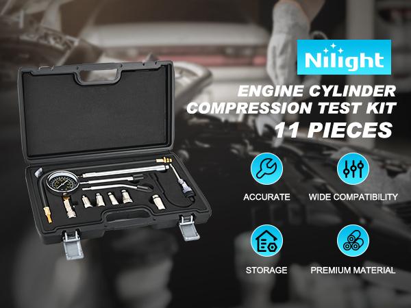 Nilight Engine Compression Tester Kit, 11 PCS with Spark Plug Tester, Automotive Cylinder Pressure Gauge Tool Set for Gasoline Engines