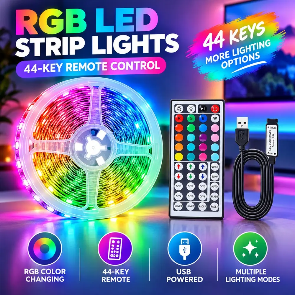 Color Changing RGB LED Strip Lights, 5v USB Powered, 44-Key IR Remote, Flexible 1-30m LED Strip, Ideal for Bedroom, TV Background, Home Decor, Parties, Halloween