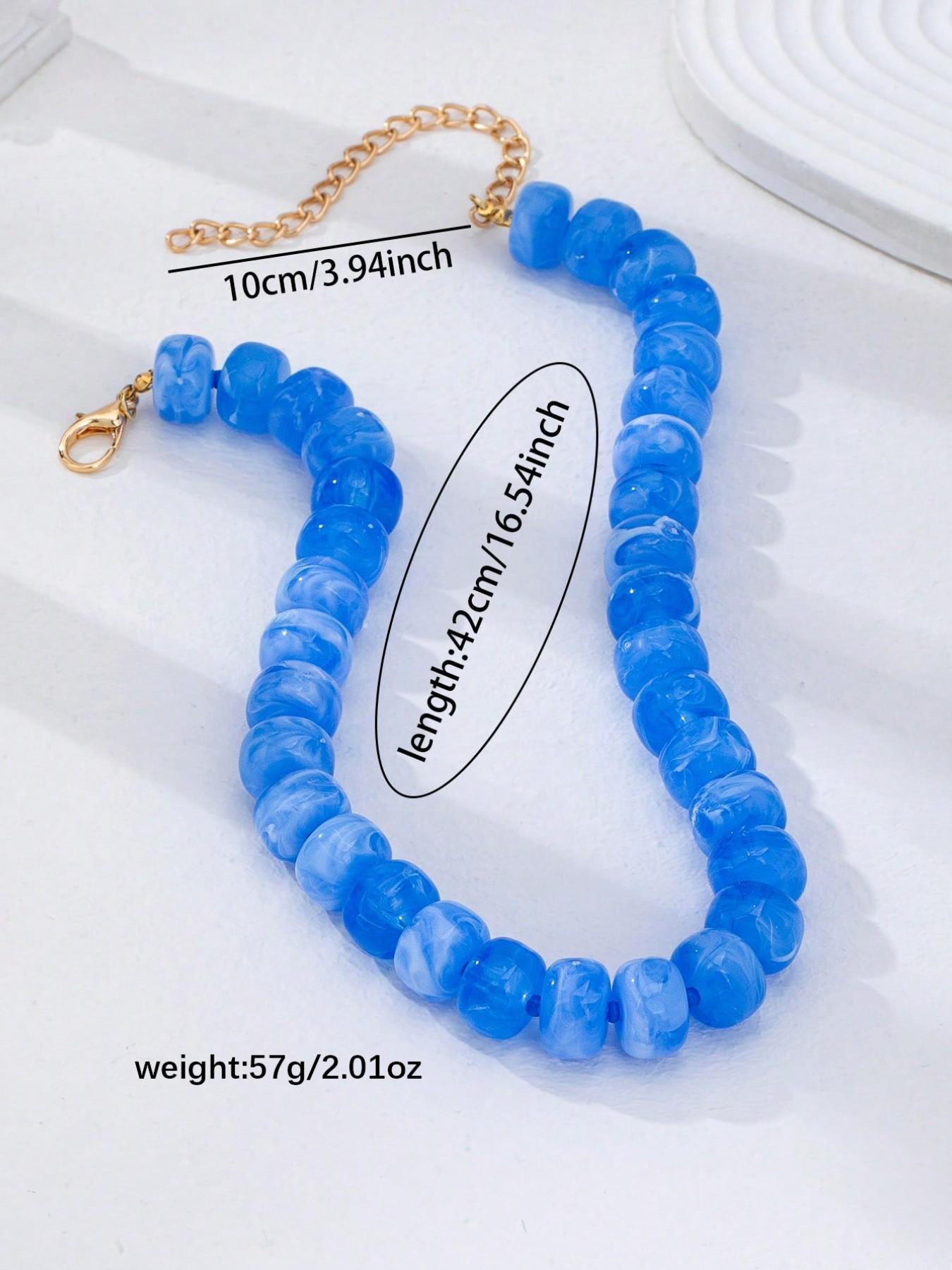 2Pcs Blue Ombre Chunky Beaded Statement Necklace for Women - Marbled Acrylic Resin Ball Bead Choker, Bold Summer Fashion Jewelry, Boho Style Necklace, Bead Necklaces
