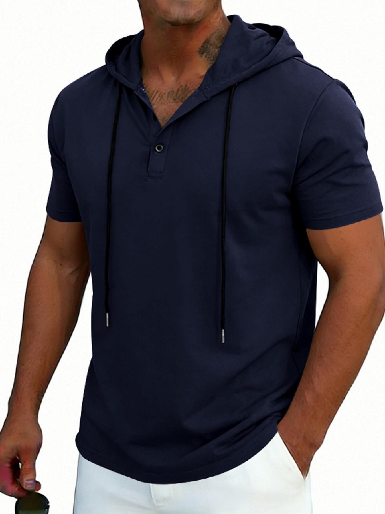 Men's Loose Fit Vintage Hooded Henley Shirt, Short Sleeve Summer Casual Top, American Style Cross-Border Fashion Apparel