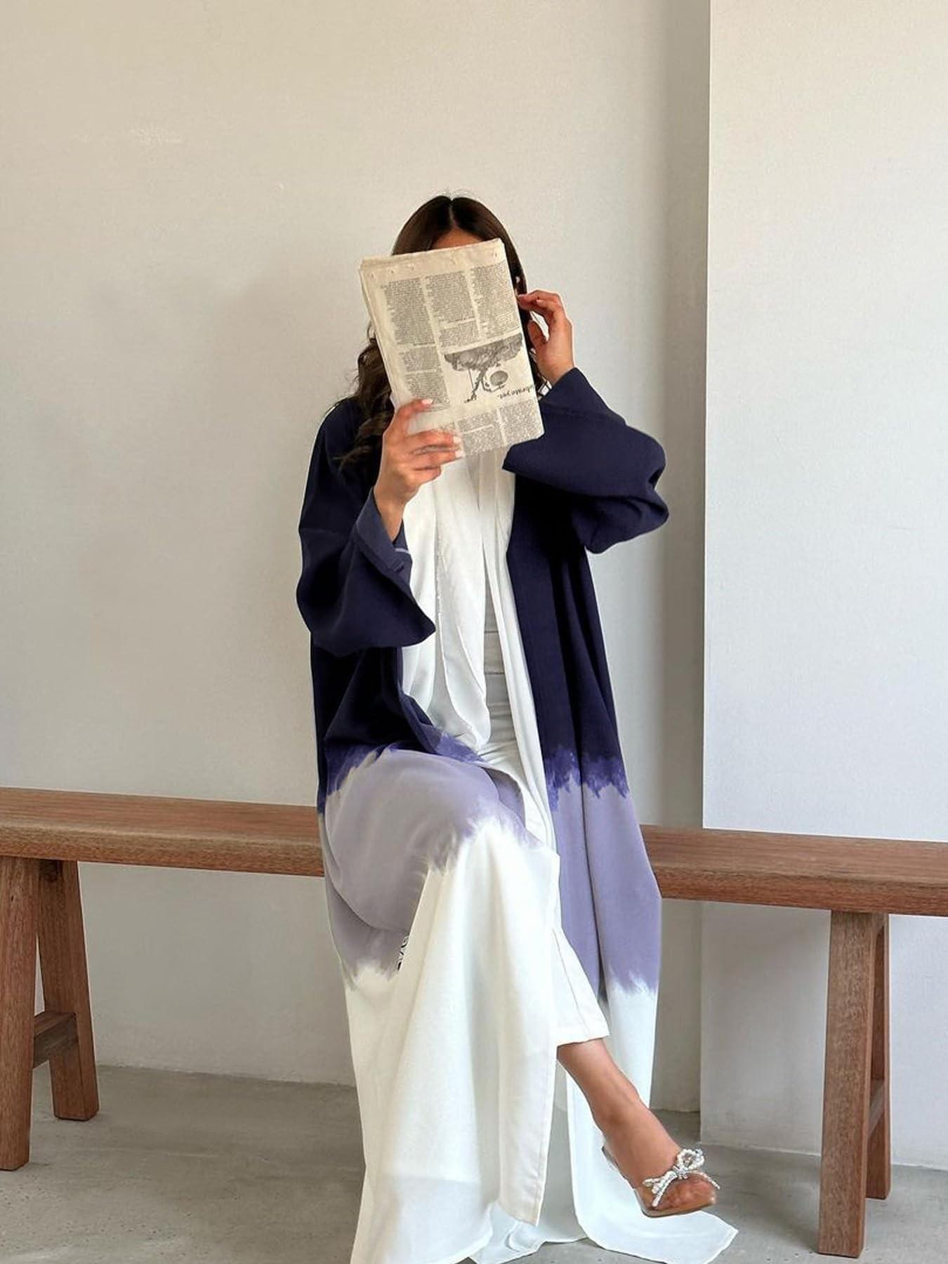 Women's Gradient Color Block Open Front Cardigan, Long Sleeve Loose Fit Elegant Commuter Casual Arab Robe, Cross-Border Fashion Outerwear