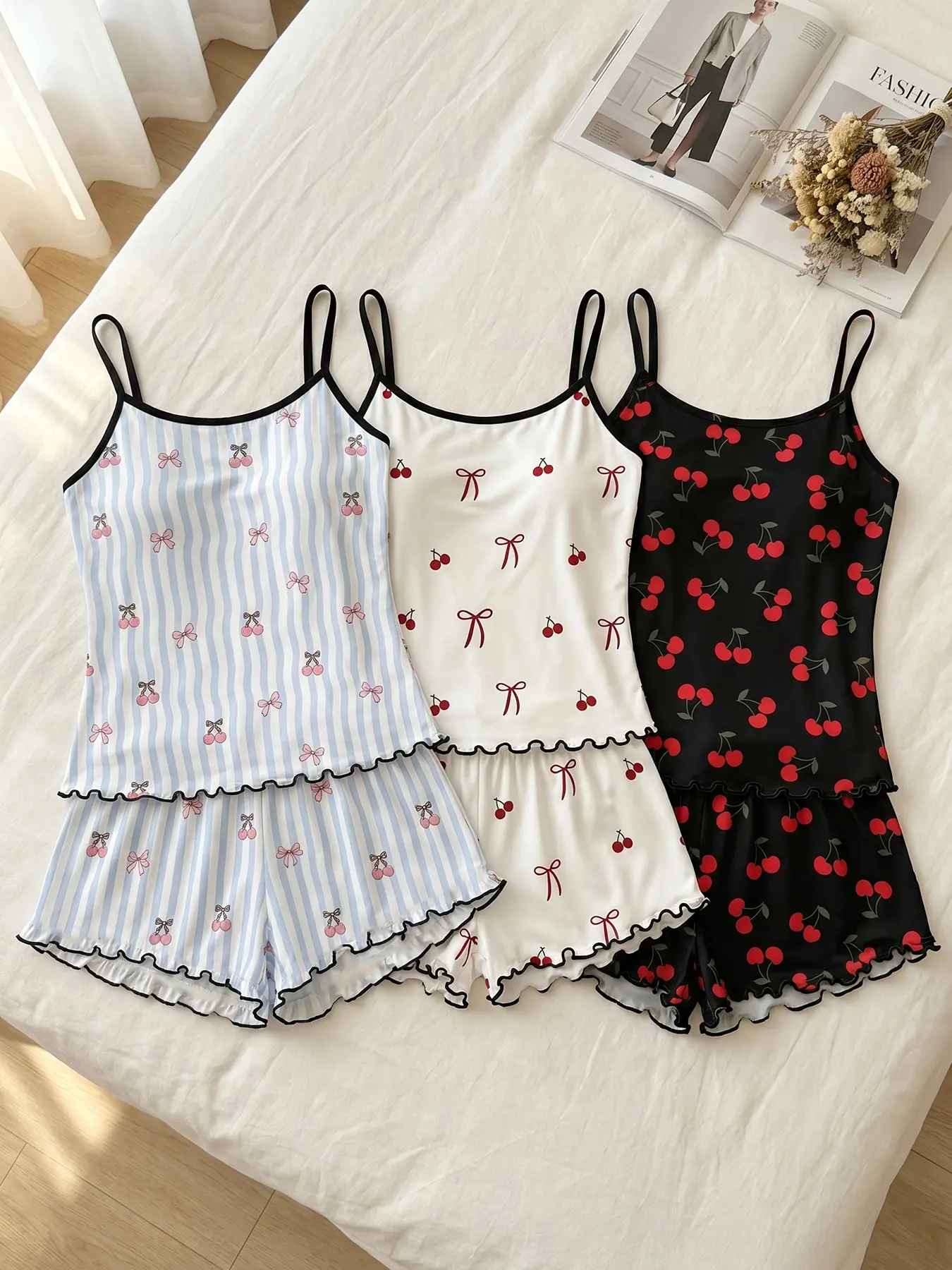 3‑Pack Women Cami‑Shorts Sleepwear Set, suitable for every season, lovely bow and cherry graphic prints, preppy‑style home outfit for snack‑making and casual book‑reading hours