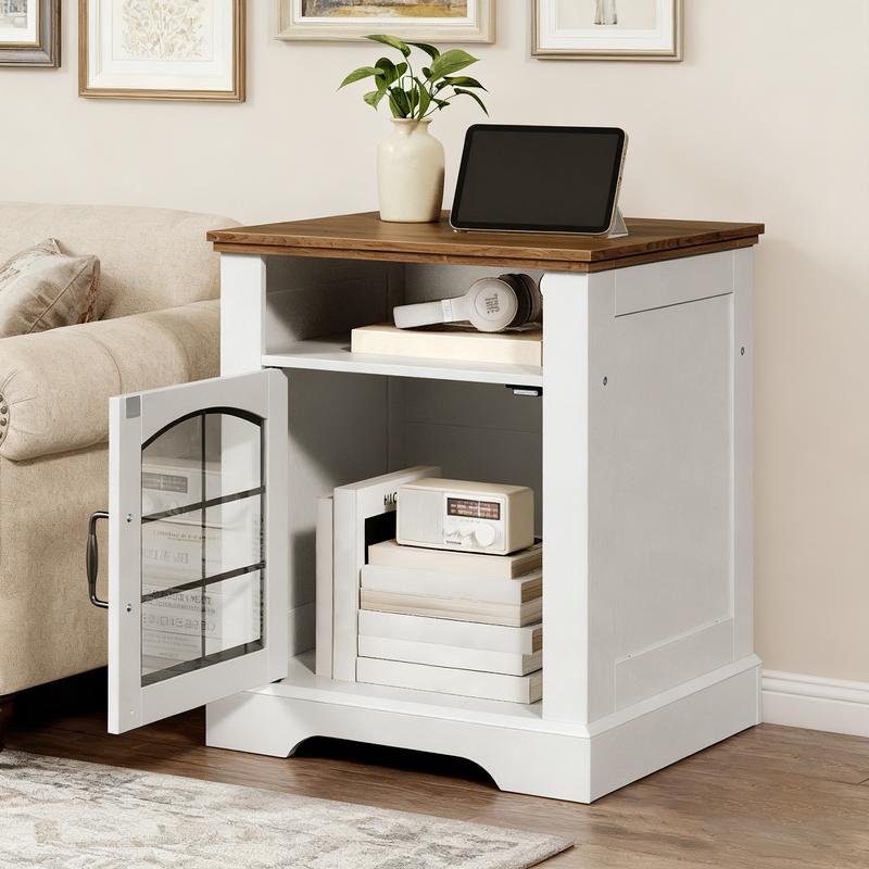 HOOBRO Small Farmhouse End Table for Living Room, Rustic Nightstand with Charging Station, Wooden Sofa Side Table with Tempered Glass Barn Door, for Bedroom, White and Walnut HOOBRO Small Farmhouse End Table for Living Room, Rustic Nightstand with Charging Station, Wooden Sofa Side Table with Tempered Glass Barn Door, for Bedroom, White and Walnut