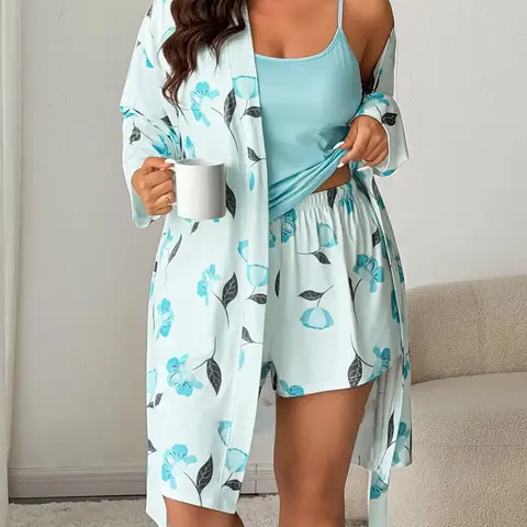 Women's Plus Size Sleepwear Set, Floral Print Tank Top Shorts + Printed Belted Robe, Soft Home Wear, Casual Spring & Fall, Pajama Set