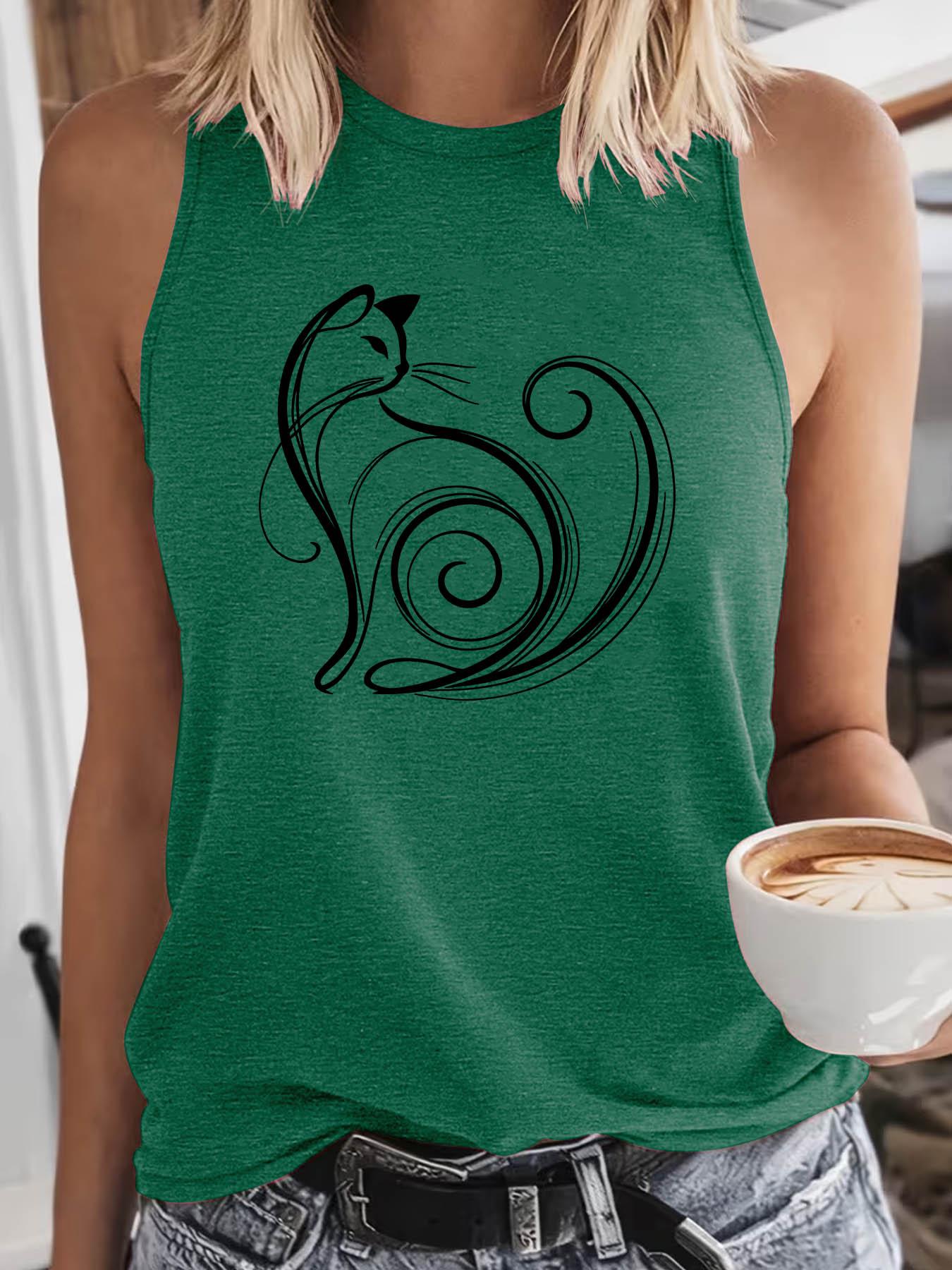 Women's Crew Neck Sleeveless Tank Top, Sleeveless Printed, Artistic Cat Line Art Print, Multiple Colors Available, Machine Washable, Spring & Summer Top, Soft Skin-Friendly Fabric, Daily Versatile, Fashion Design