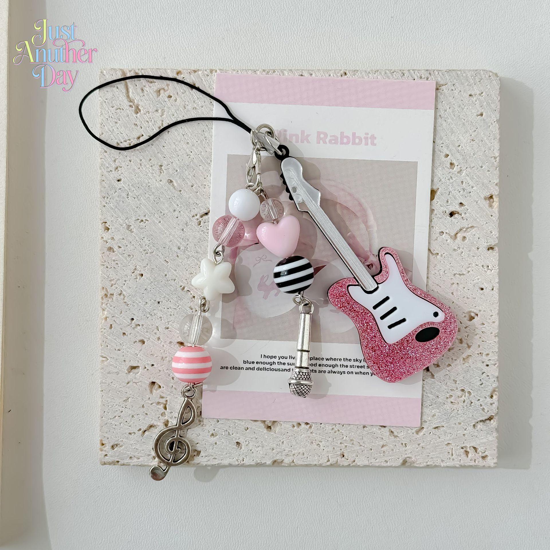 Y2K Pink Guitar Phone Charm, Millennial Style Beaded Keychain with Star & Music Note Details, Cute Bag & Photocard Holder Accessory